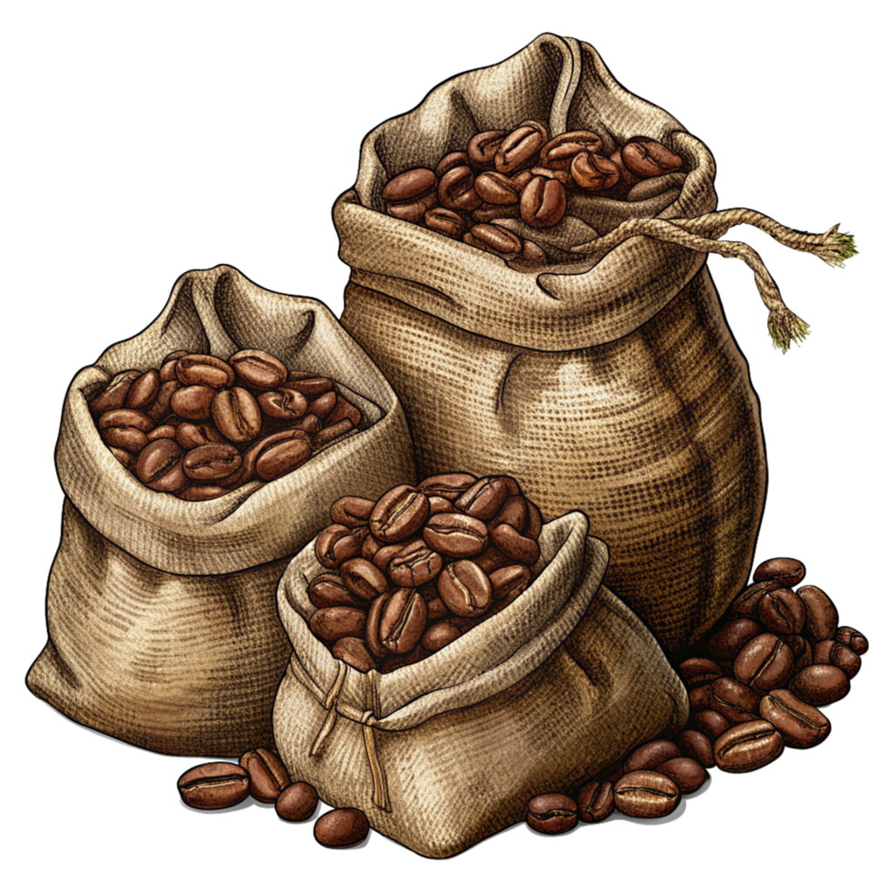 Hand Drawn Roasted Coffee Beans in Hemp Sacks Illustration png