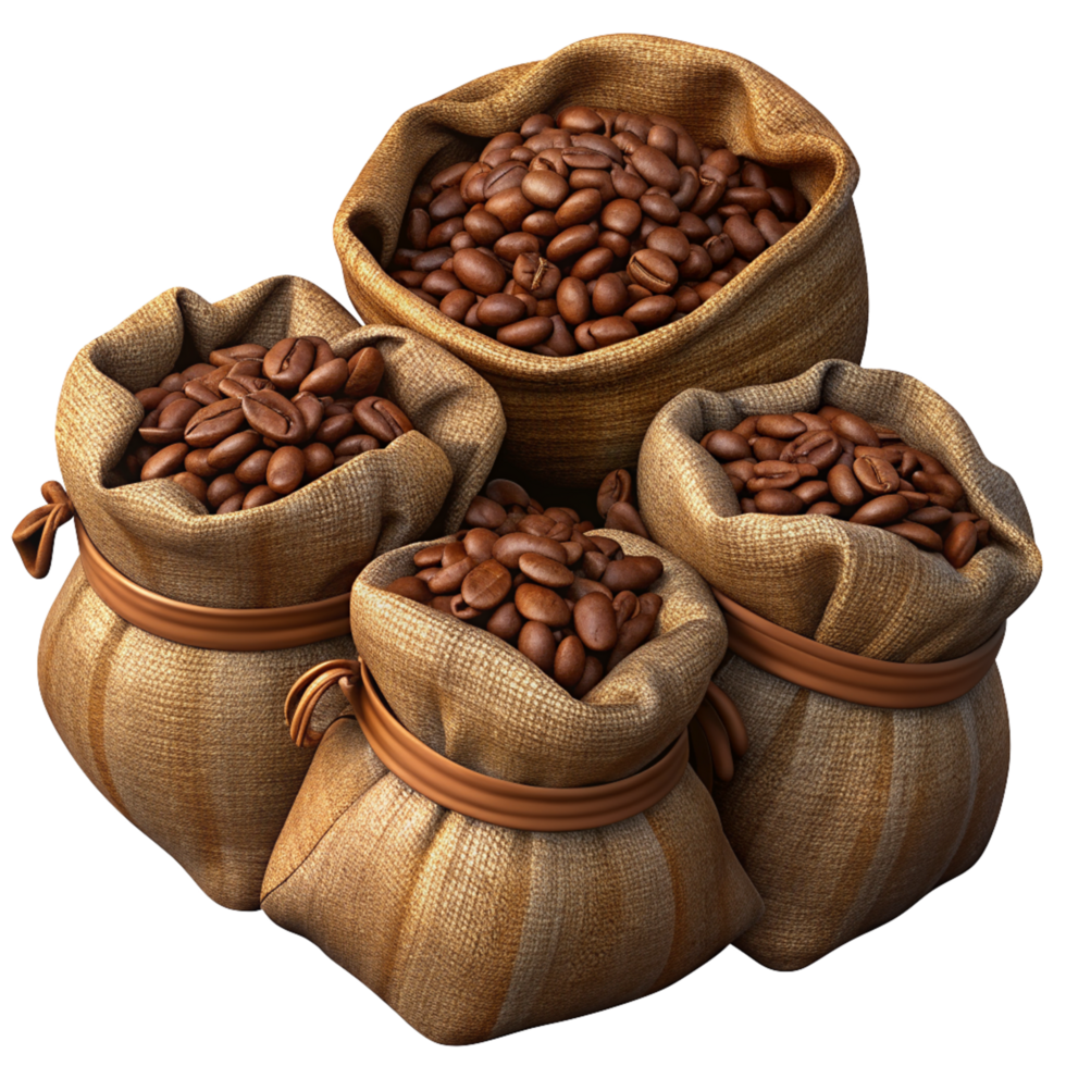 Roasted Coffee Beans in Hemp Sacks Realistic Render png