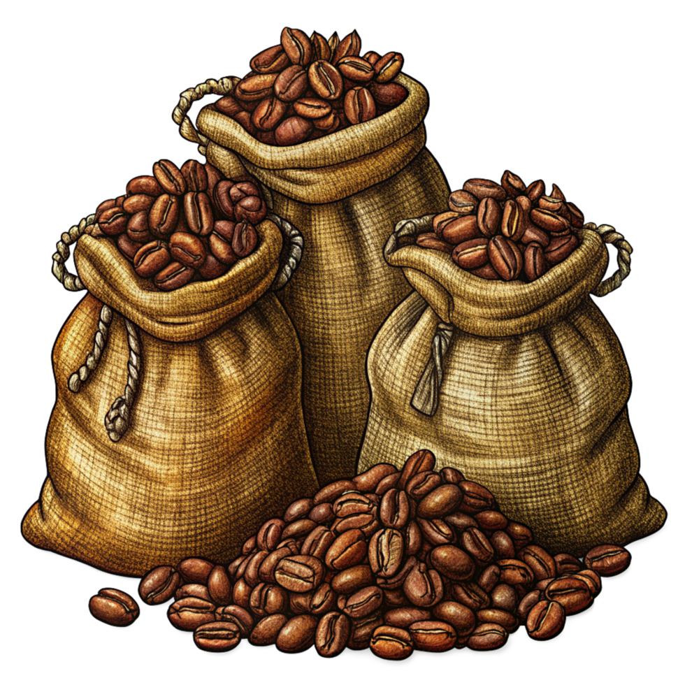 Roasted Coffee Beans in Hemp Sacks Illustration Art png