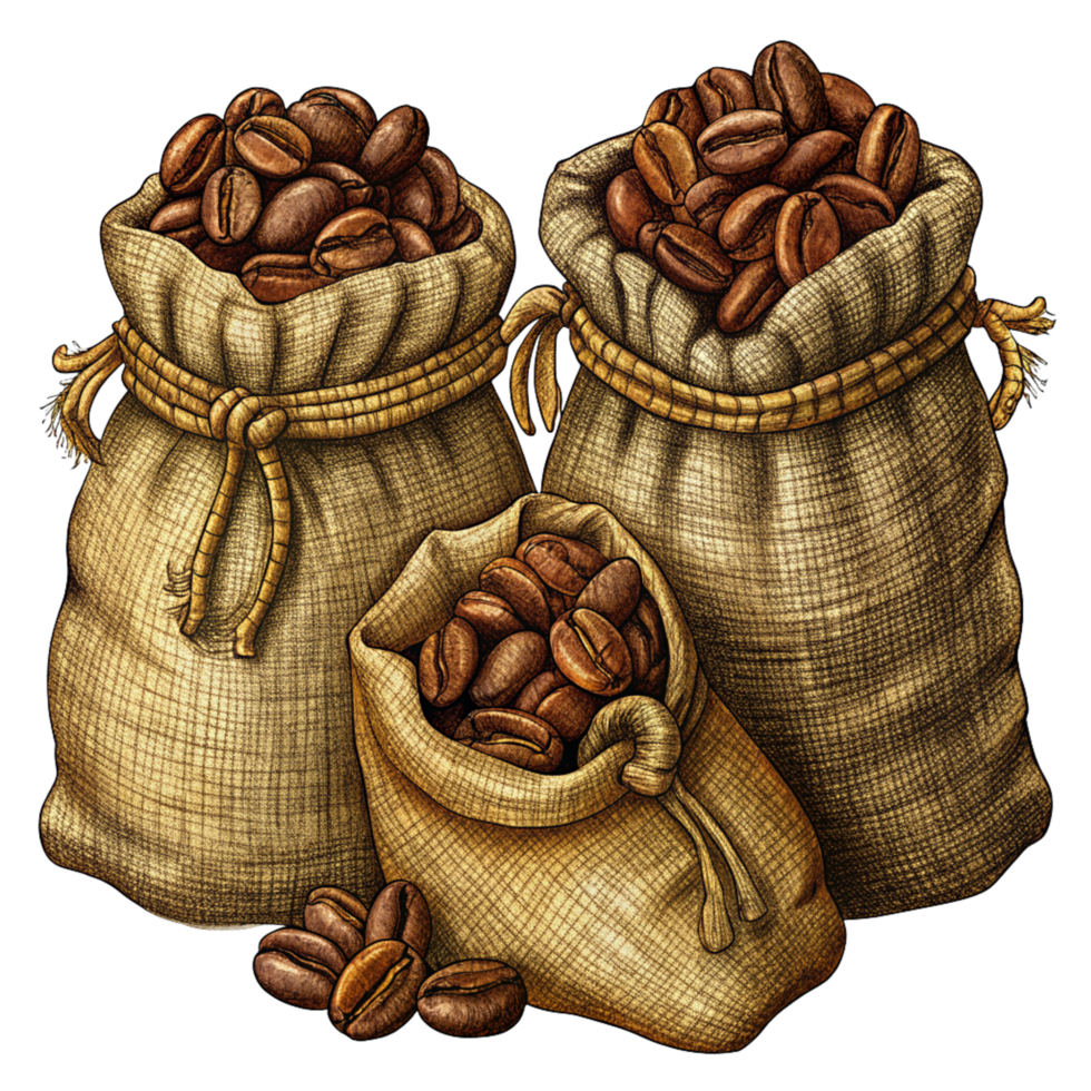 Roasted Coffee Beans in Hemp Sacks Illustration Asset png