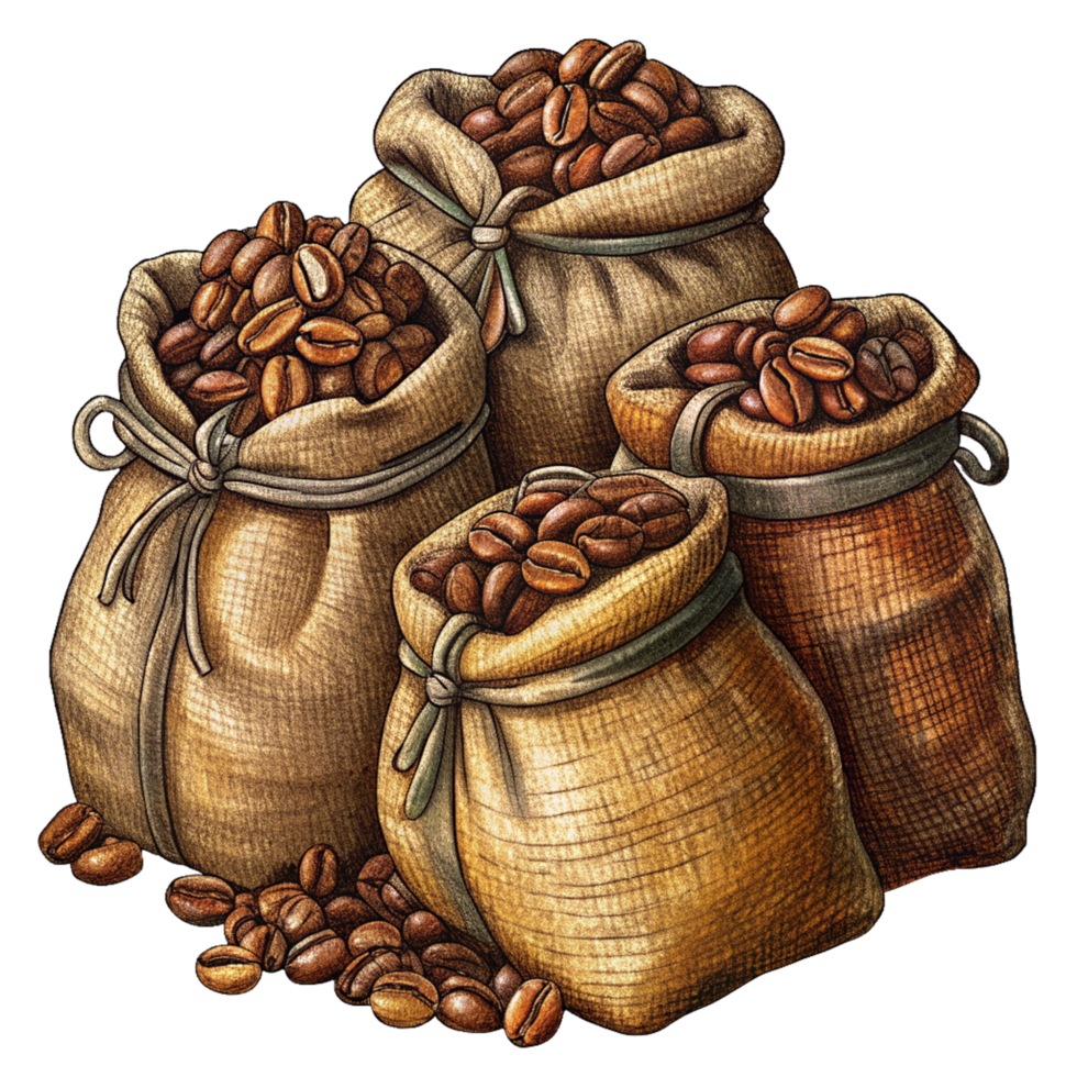 Roasted Coffee Beans in Hemp Sacks Illustration Style png