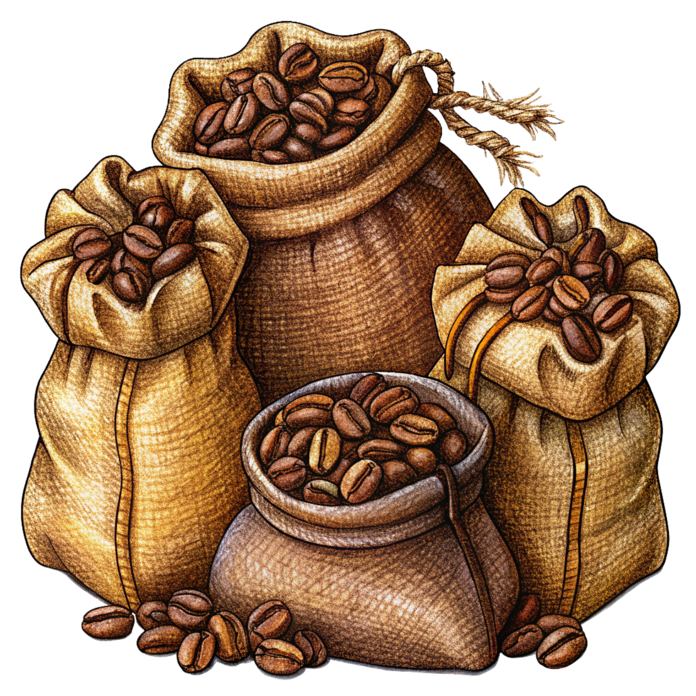 Roasted Coffee Beans in Hemp Sacks Illustration Design png
