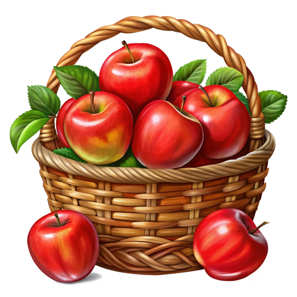 Red Apples in Wicker Basket Hand Drawn Concept png