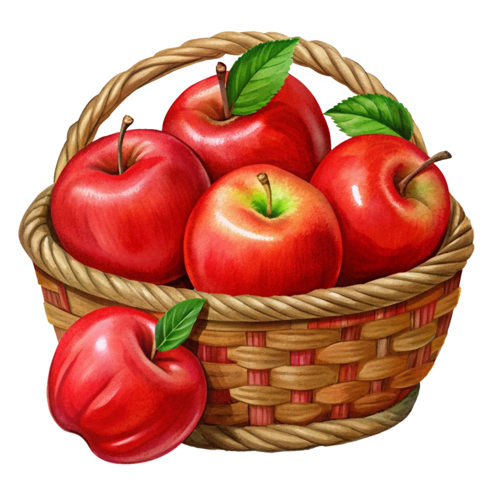 Red Apples in Wicker Basket Hand Drawn Graphic png