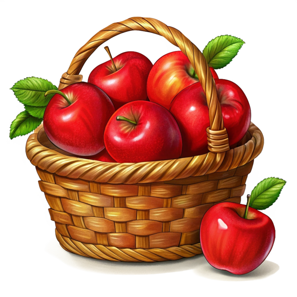 Red Apples in Wicker Basket Hand Drawn Design png