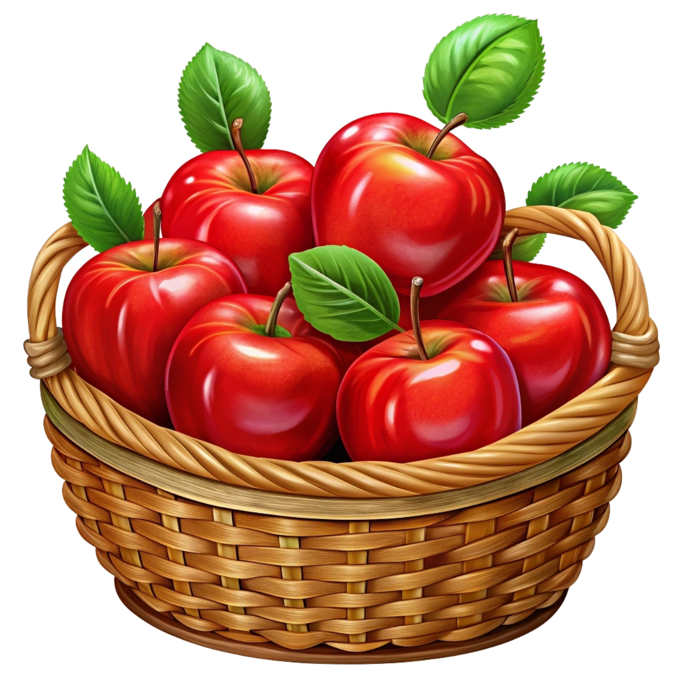 Red Apples in Wicker Basket Hand Drawn Image png