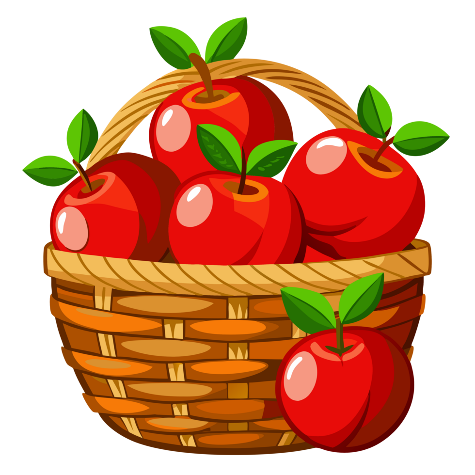 Red Apples in Wicker Basket Flat Illustration Art png