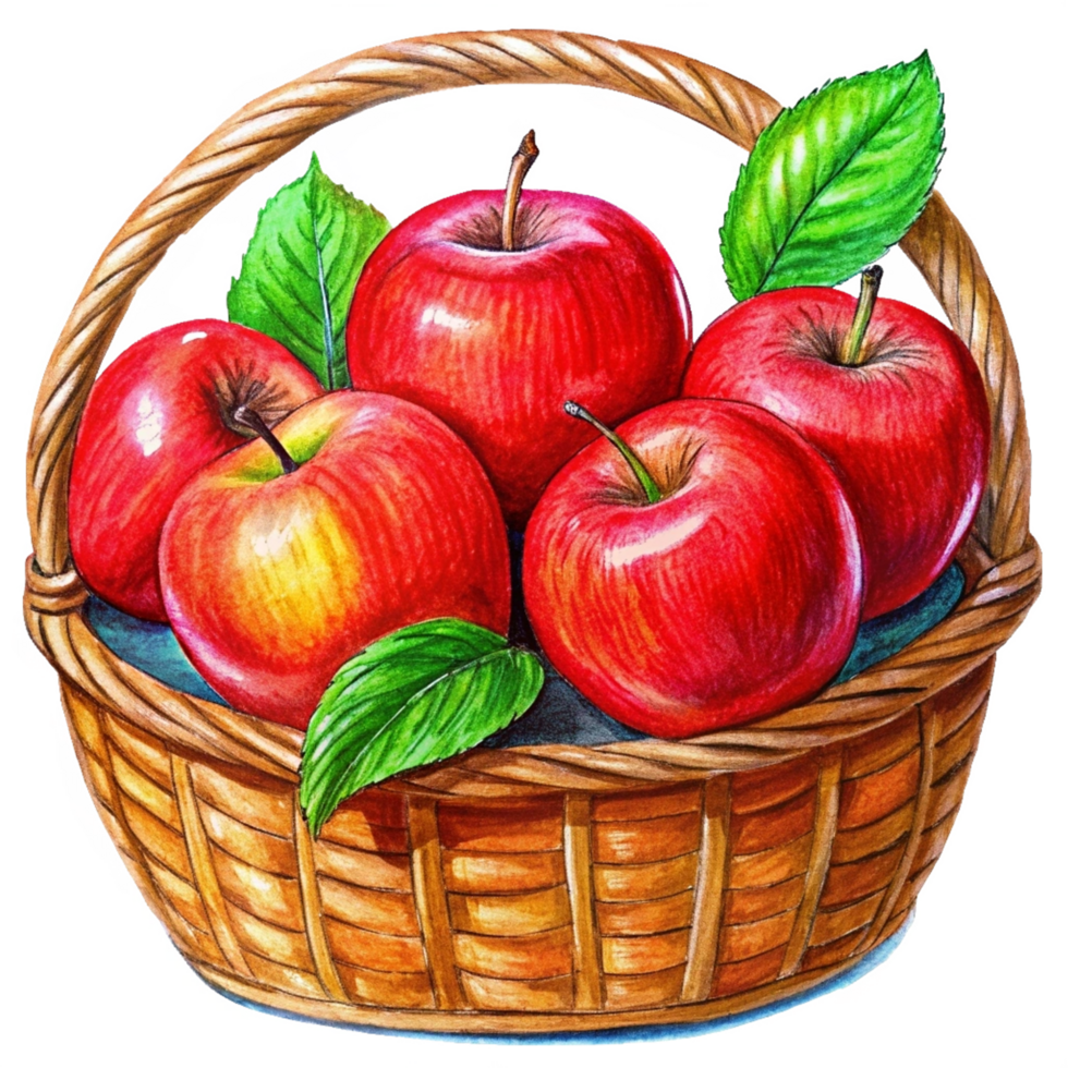 Red Apples Fruit in Wicker Basket Illustration Style png