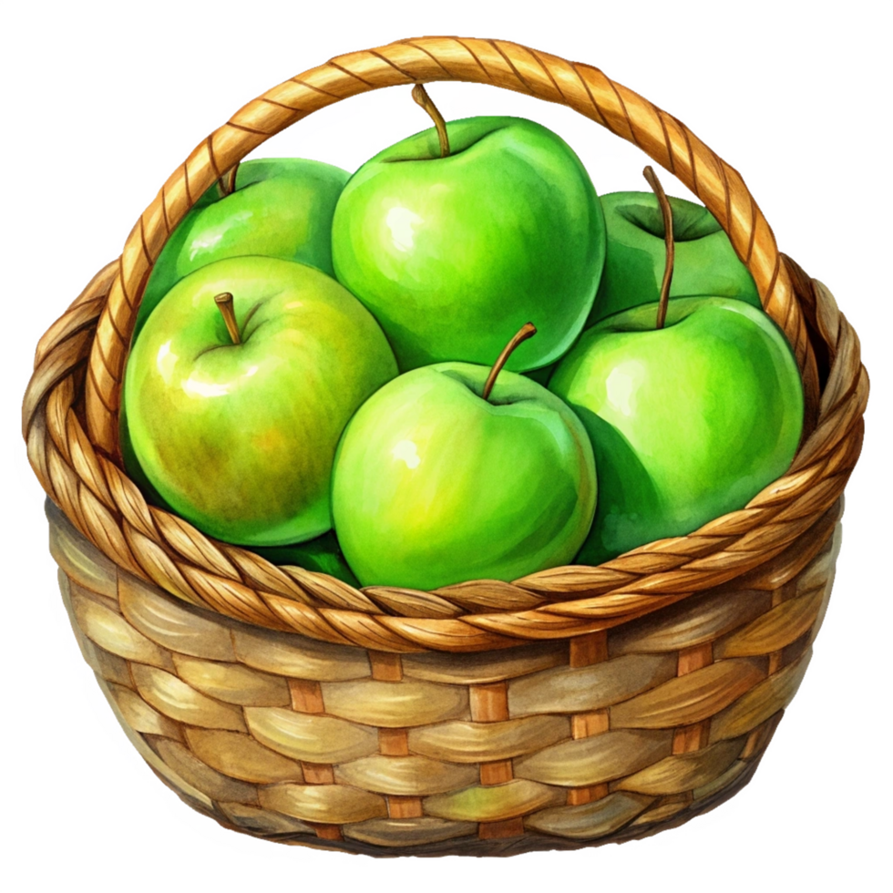 Green Apples in A Wicker Basket Render png