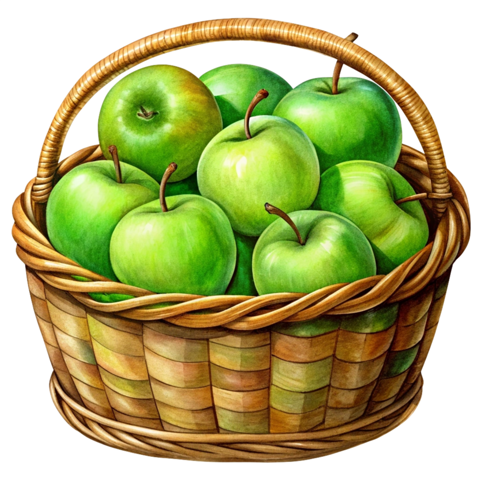 Green Apples in A Wicker Basket Object png