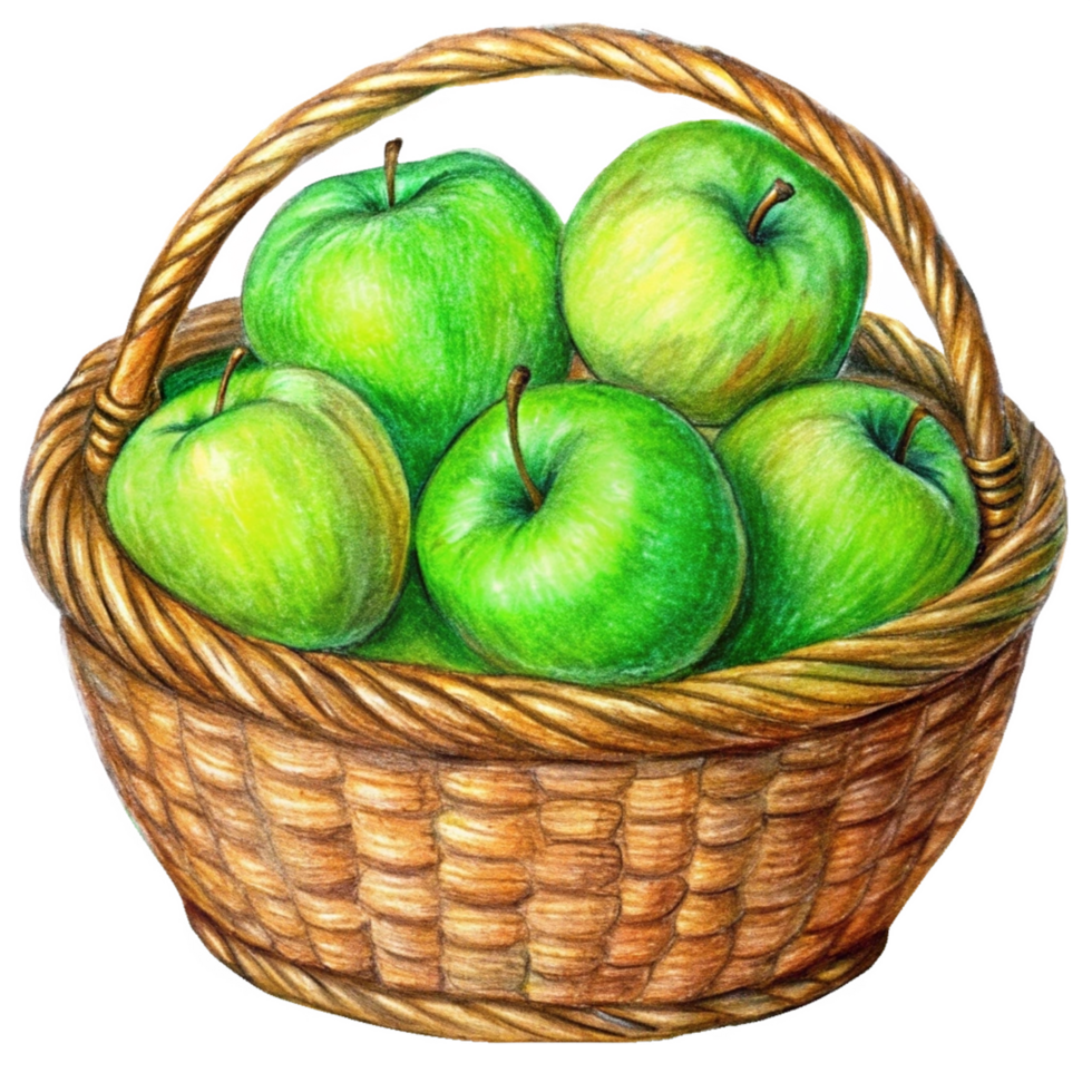 Green Apples in A Wicker Basket Hand Drawn Design png