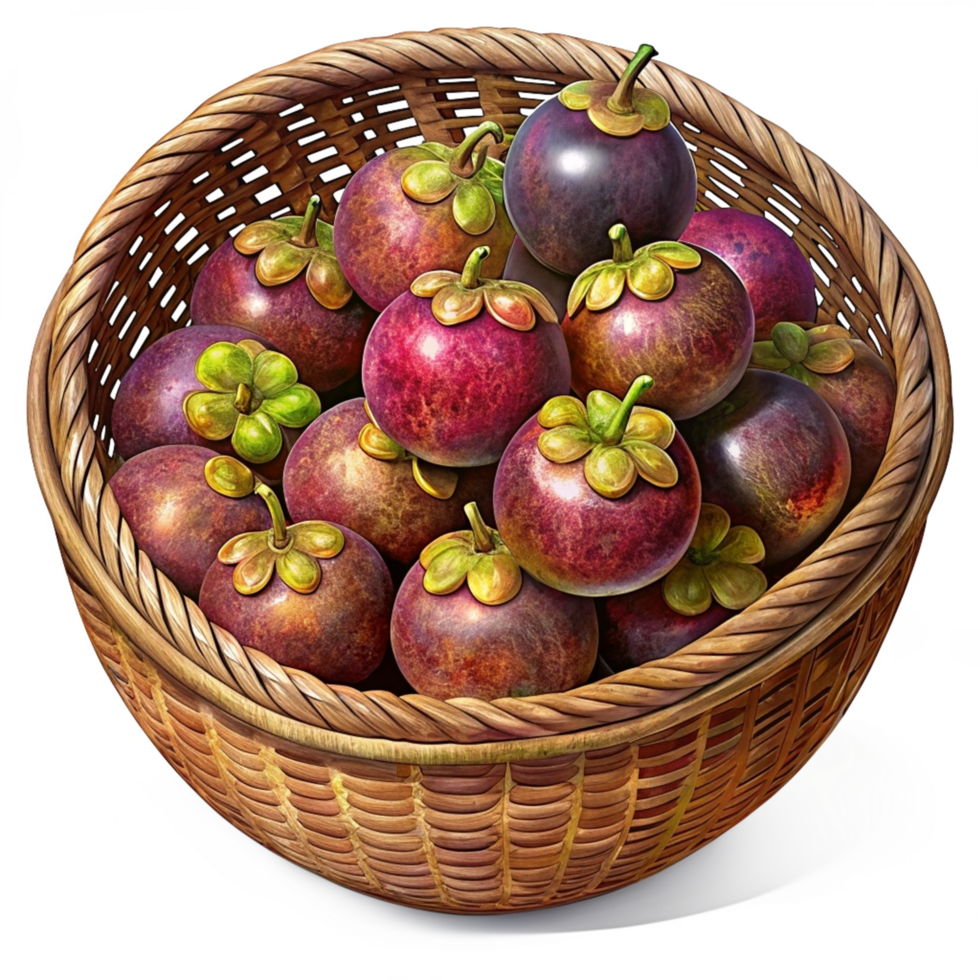 Mangosteens Fruit in Wicker Basket 3d Art png