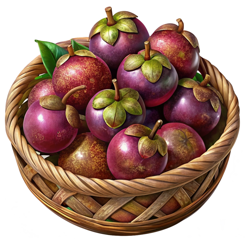Mangosteens Fruit in Wicker Basket 3d Style png
