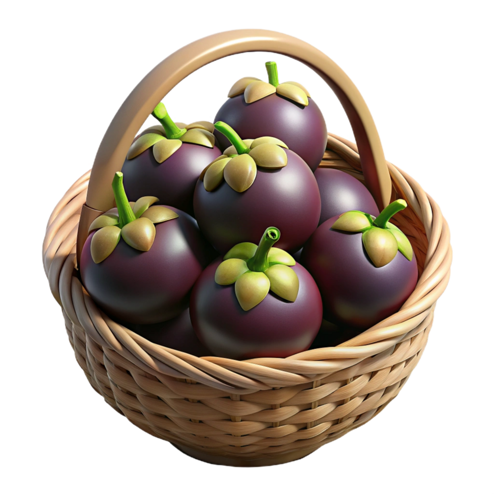 Mangosteens in Wicker Basket 3d Illustration png