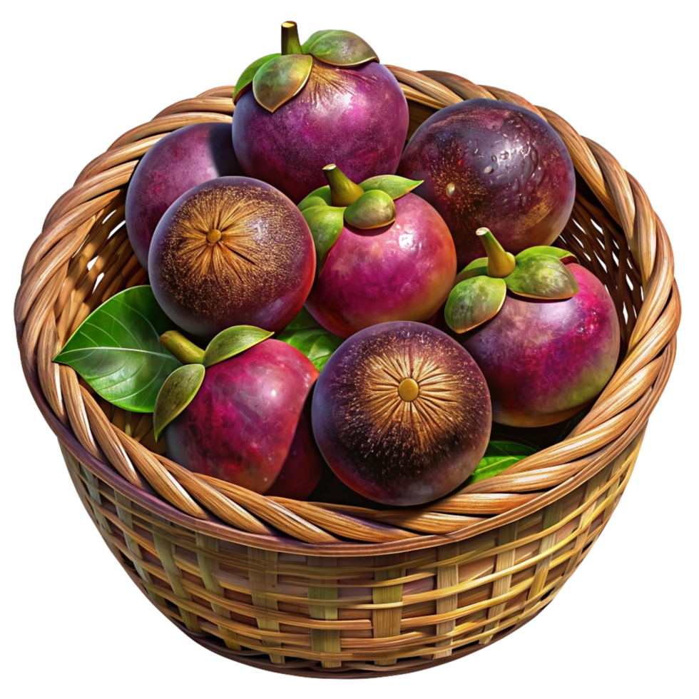 Mangosteens Fruit in Wicker Basket 3d Illustration png