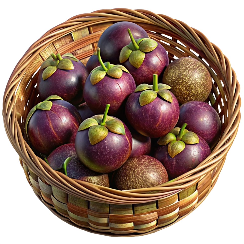 Mangosteens Fruit in Wicker Basket 3d Image png