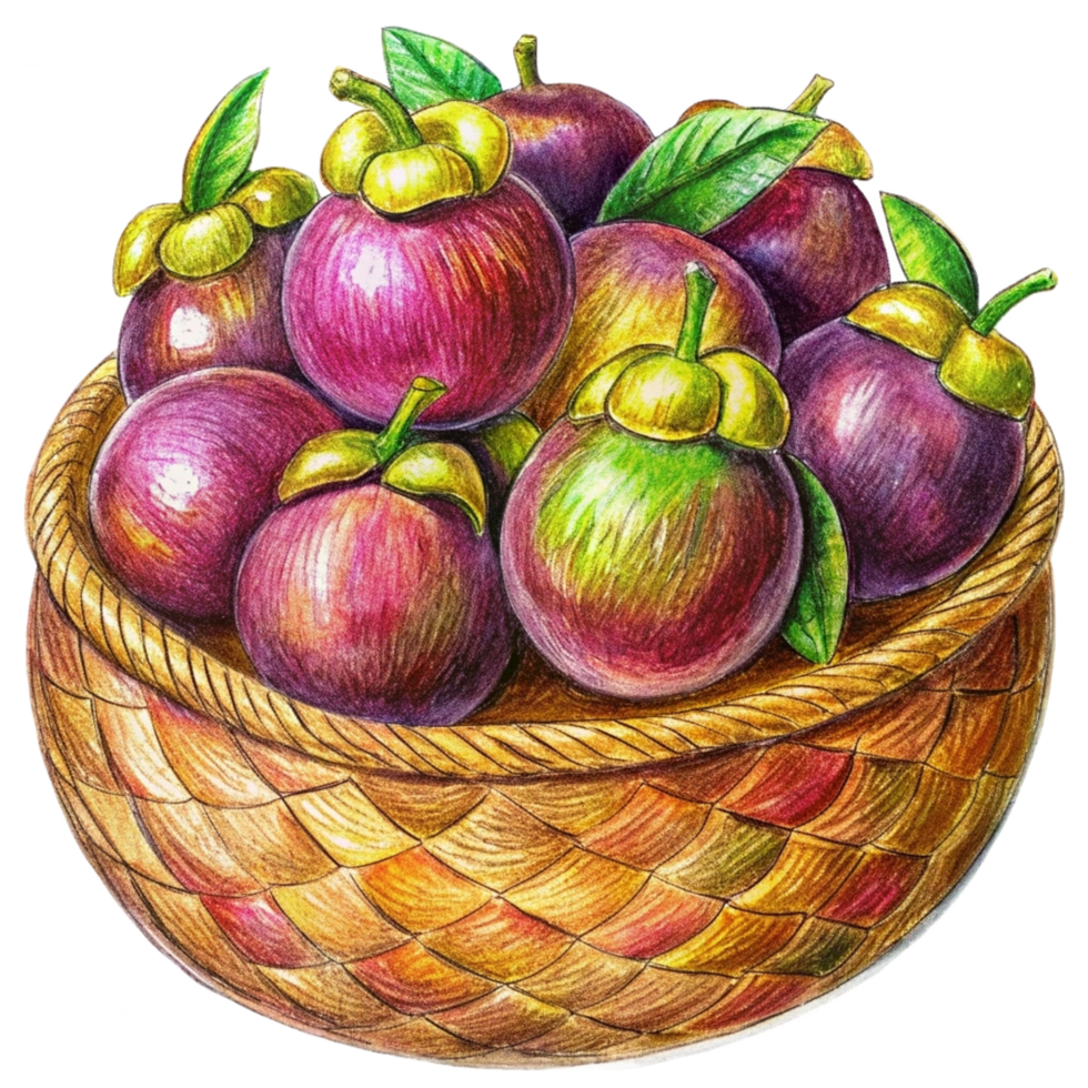Mangosteens in Wicker Basket Hand Drawn Clip Art png