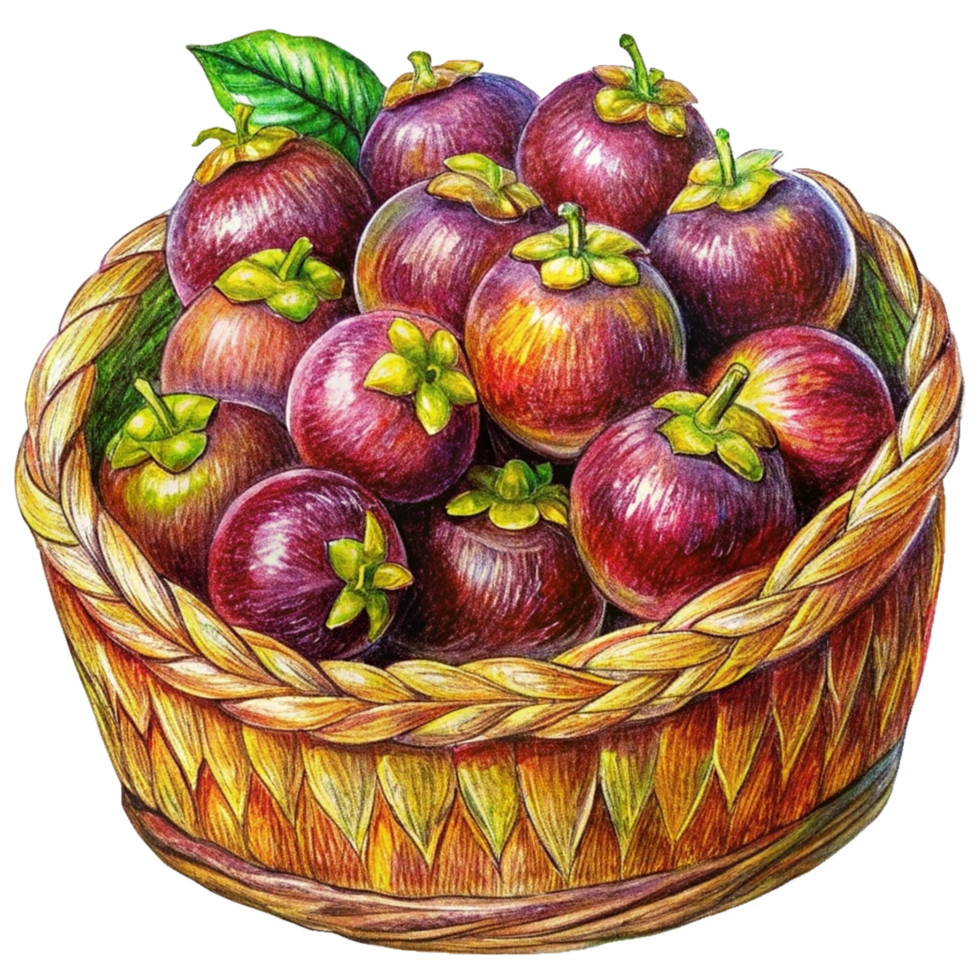 Mangosteens in Wicker Basket Hand Drawn Concept png