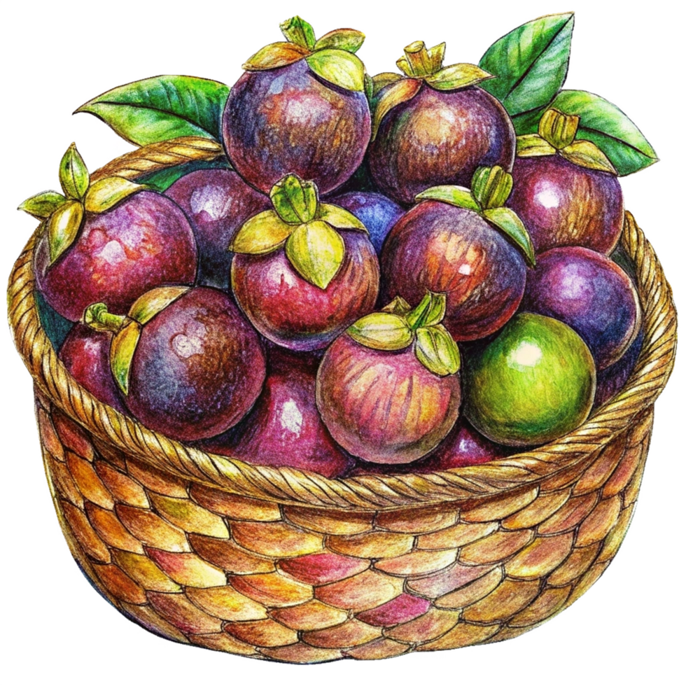 Mangosteens in Wicker Basket Hand Drawn Art png