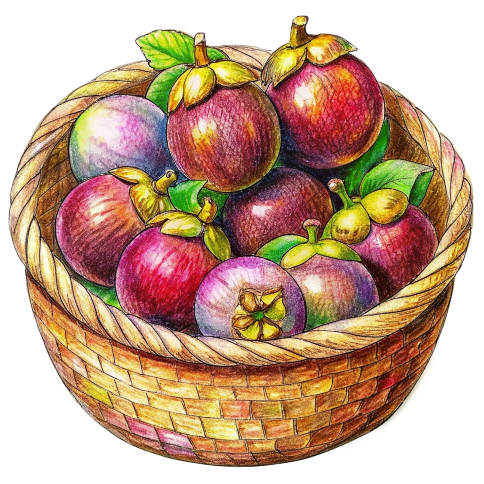 Mangosteens in Wicker Basket Hand Drawn Illustration png