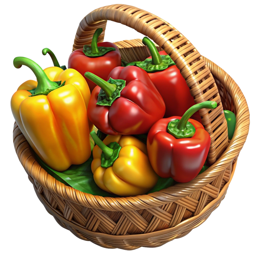Bell Peppers Vegetable in A Wicker Basket 3d Asset png