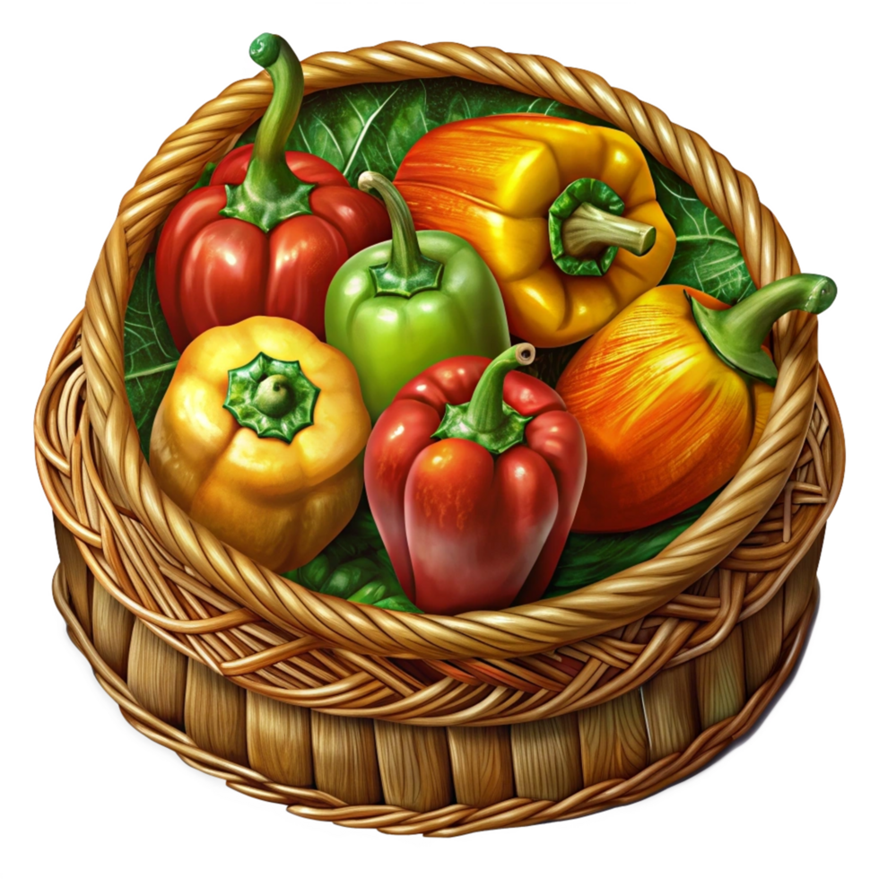 Bell Peppers Vegetable in A Wicker Basket 3d Render png