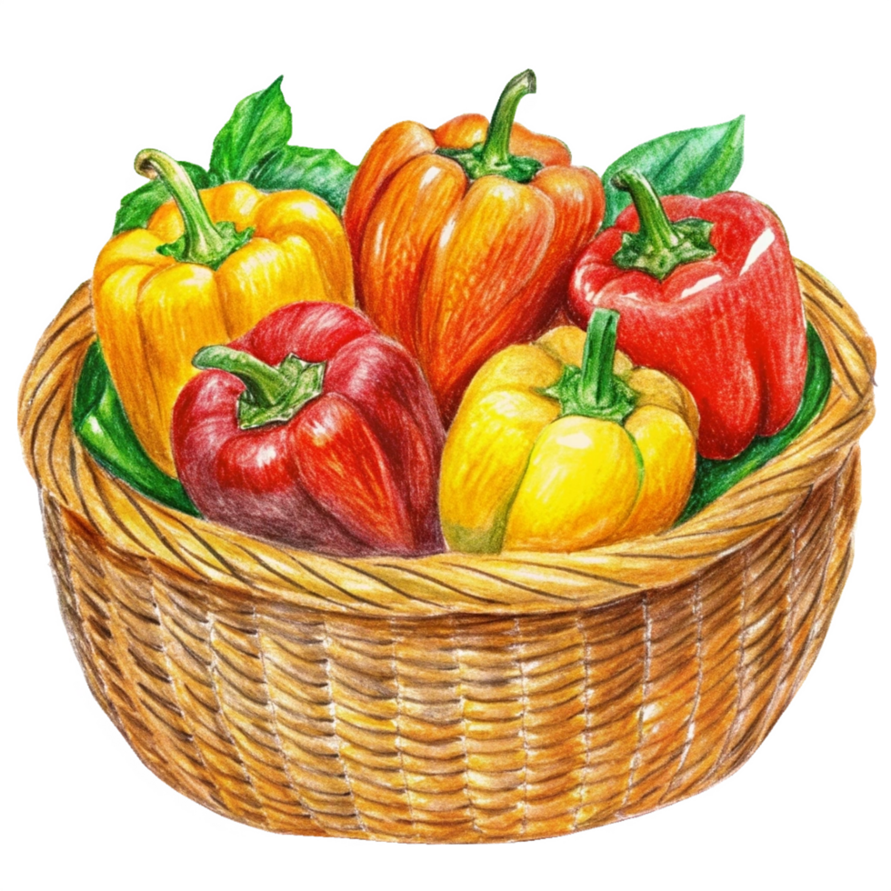 Bell Peppers in A Wicker Basket Hand Drawn Clip Art png
