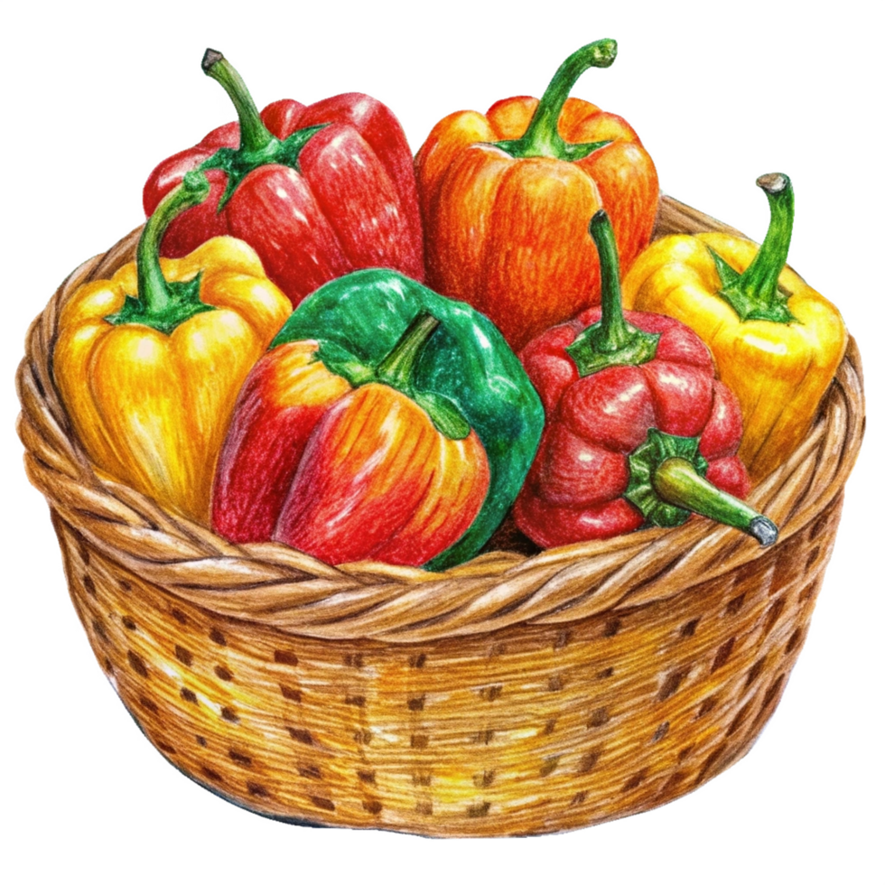 Bell Peppers in A Wicker Basket Hand Drawn Art png