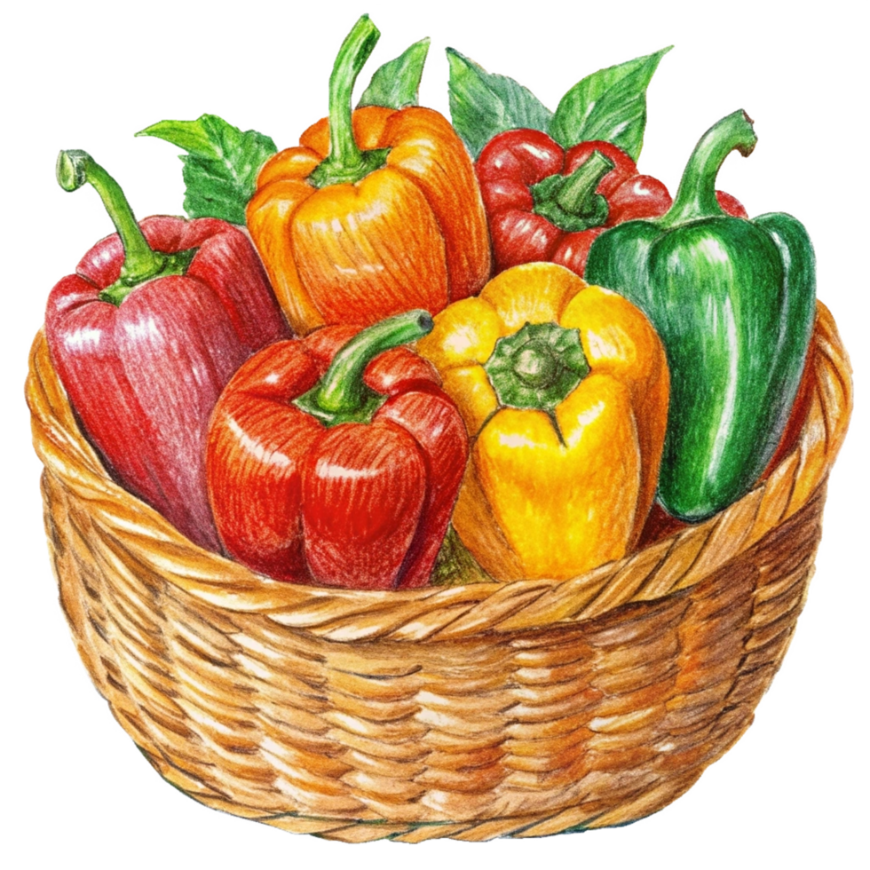 Bell Peppers in A Wicker Basket Hand Drawn Clip png