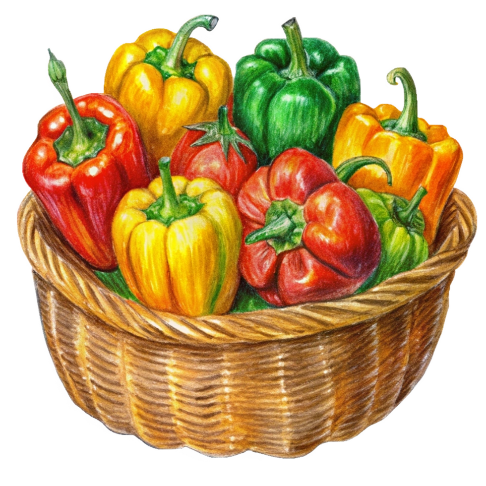 Bell Peppers in A Wicker Basket Hand Drawn Style png