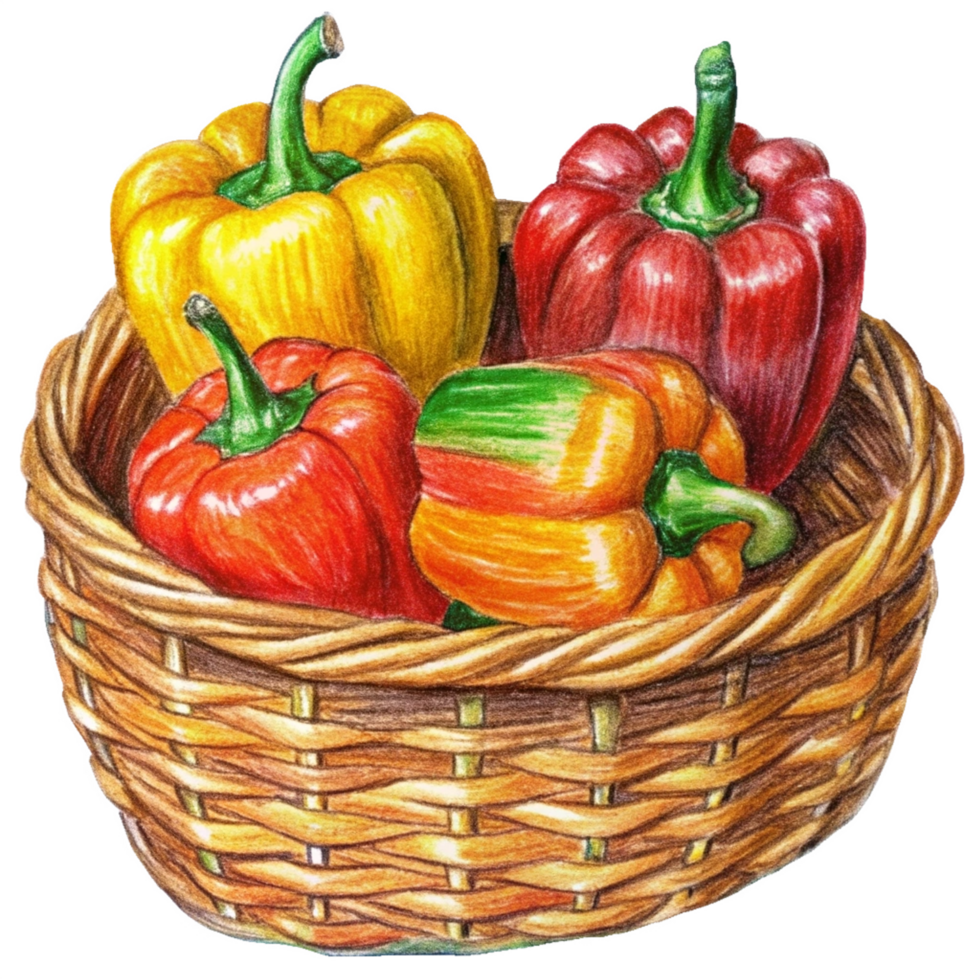 Bell Peppers in A Wicker Basket Hand Drawn Concept png