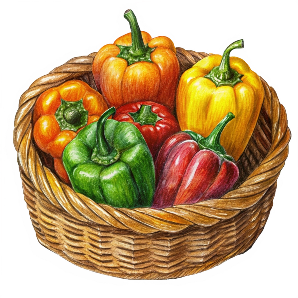 Bell Peppers in A Wicker Basket Hand Drawn Graphic png