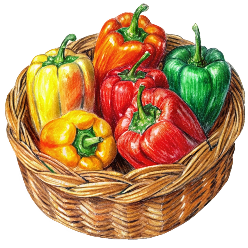 Bell Peppers in A Wicker Basket Hand Drawn Illustration png