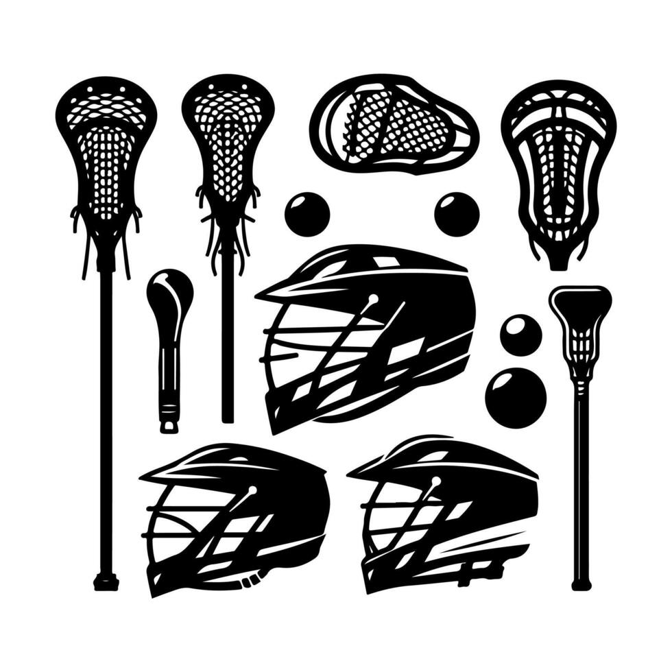 Set of lacrosse equipment set silhouette, lacrosse player, stick, sport illustration. vector