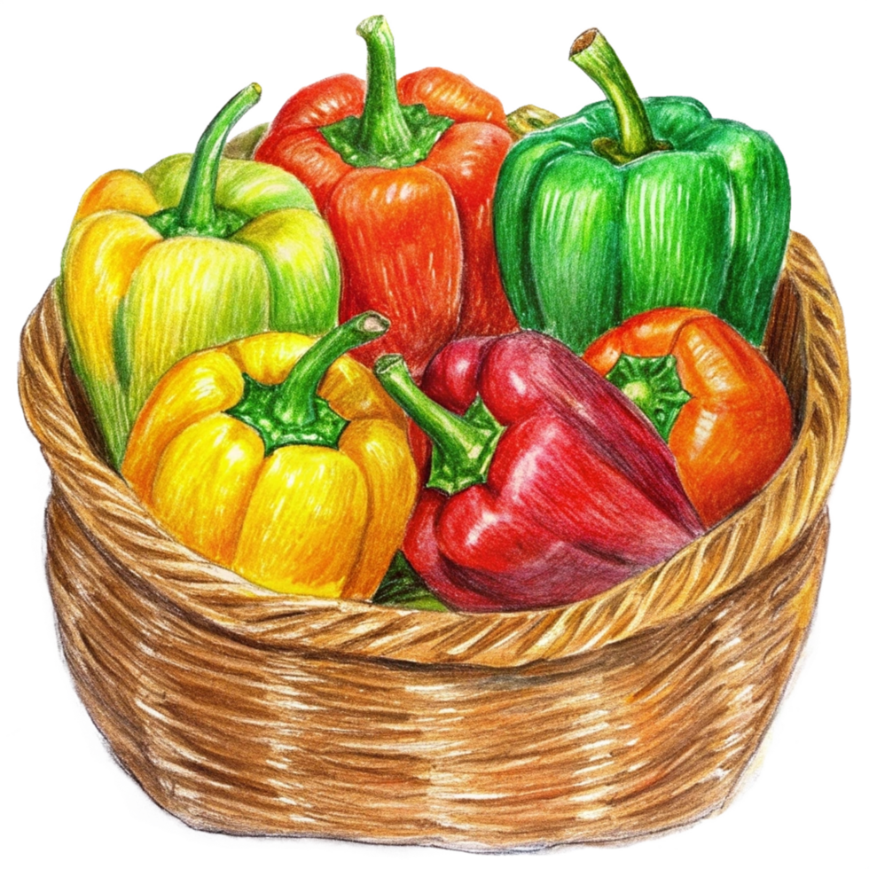Bell Peppers in A Wicker Basket Hand Drawn Image png