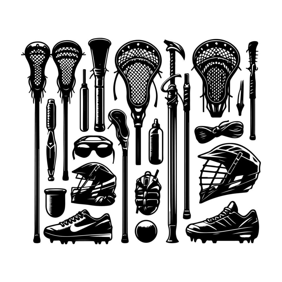 Set of lacrosse equipment set silhouette, lacrosse player, stick, sport illustration. vector