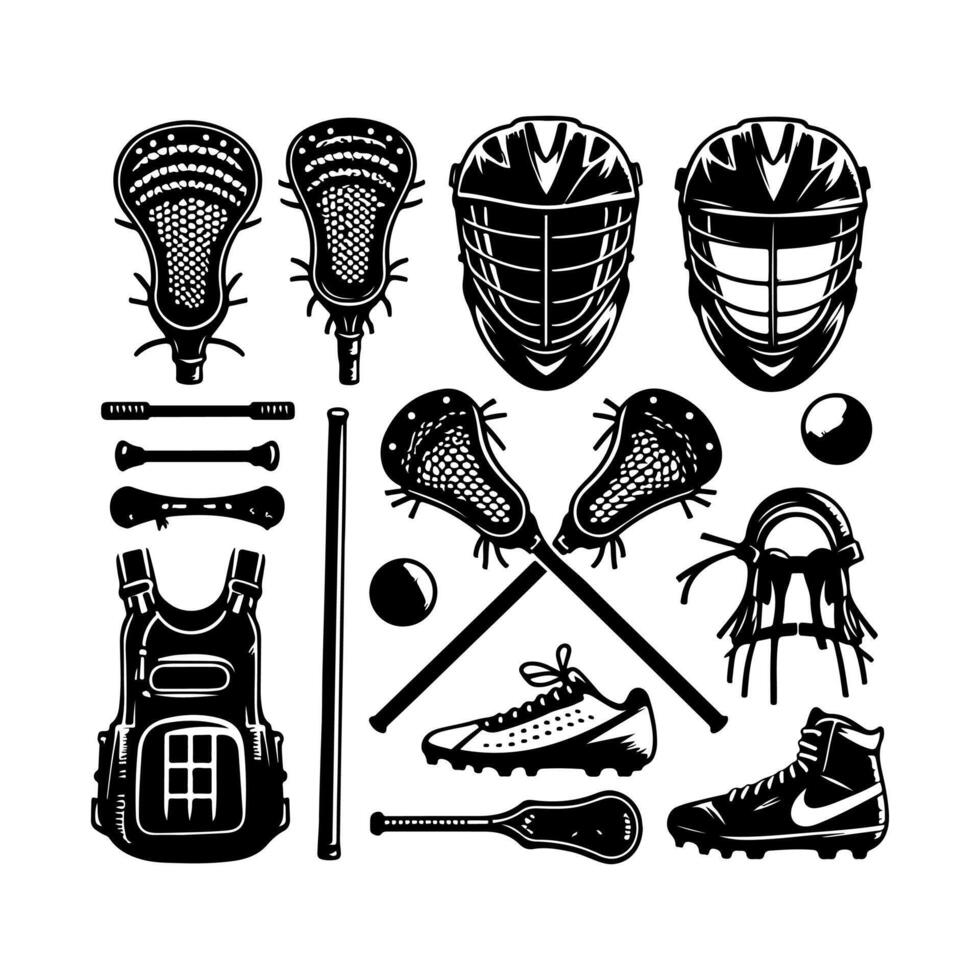 Set of lacrosse equipment set silhouette, lacrosse player, stick, sport illustration. vector