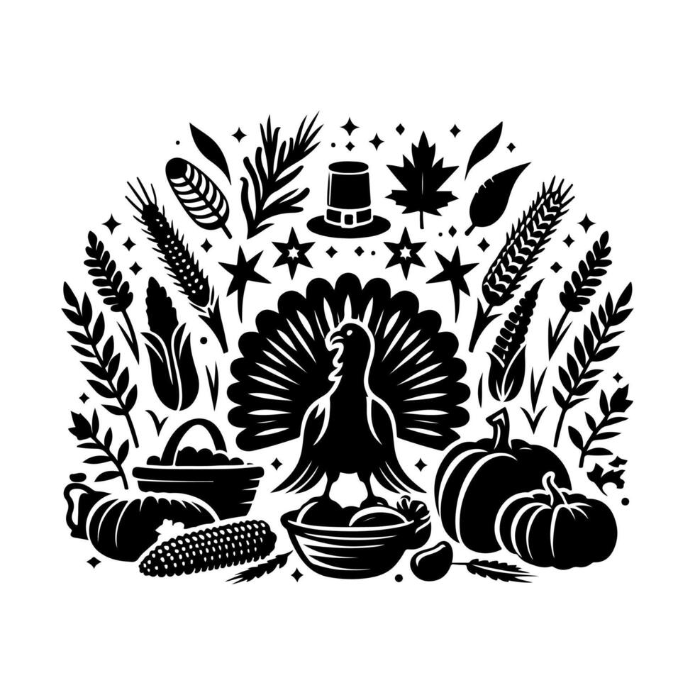 Thanksgiving icons. Thanksgiving traditional symbols. Modern fall holiday background set illustration. vector