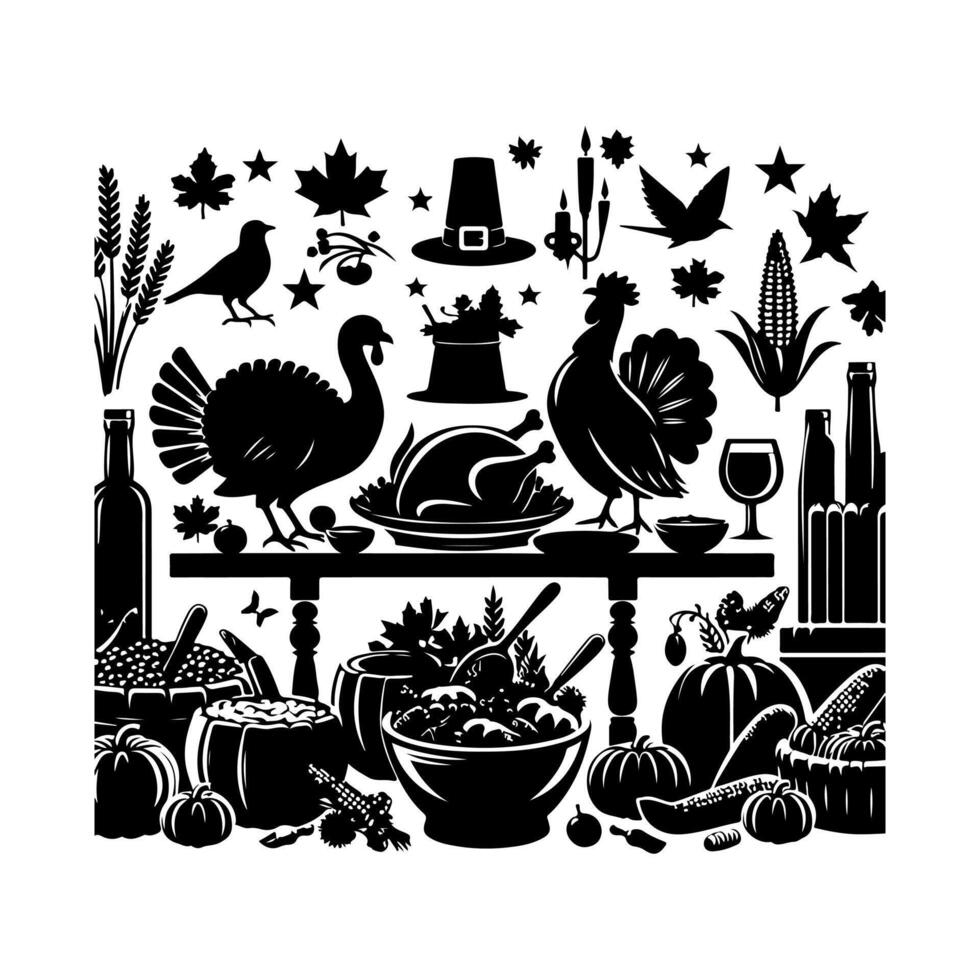 Thanksgiving icons. Thanksgiving traditional symbols. Modern fall holiday background set illustration. vector