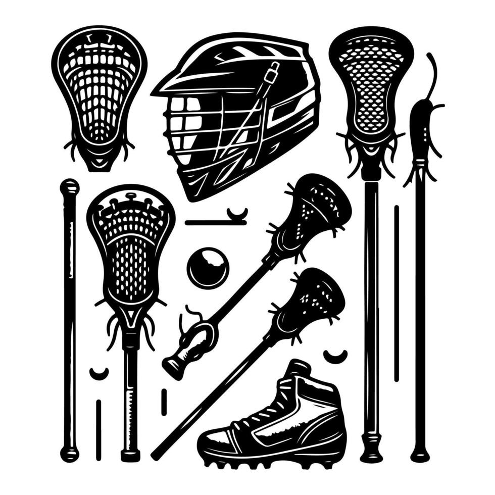 Set of lacrosse equipment set silhouette, lacrosse player, stick, sport illustration. vector