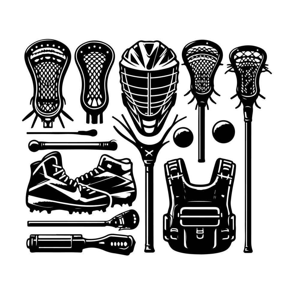 Set of lacrosse equipment set silhouette, lacrosse player, stick, sport illustration. vector