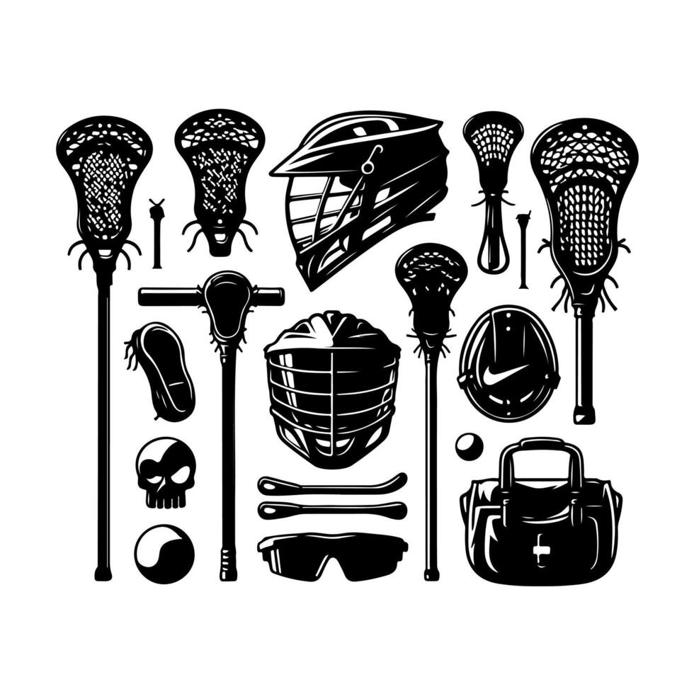 Set of lacrosse equipment set silhouette, lacrosse player, stick, sport illustration. vector