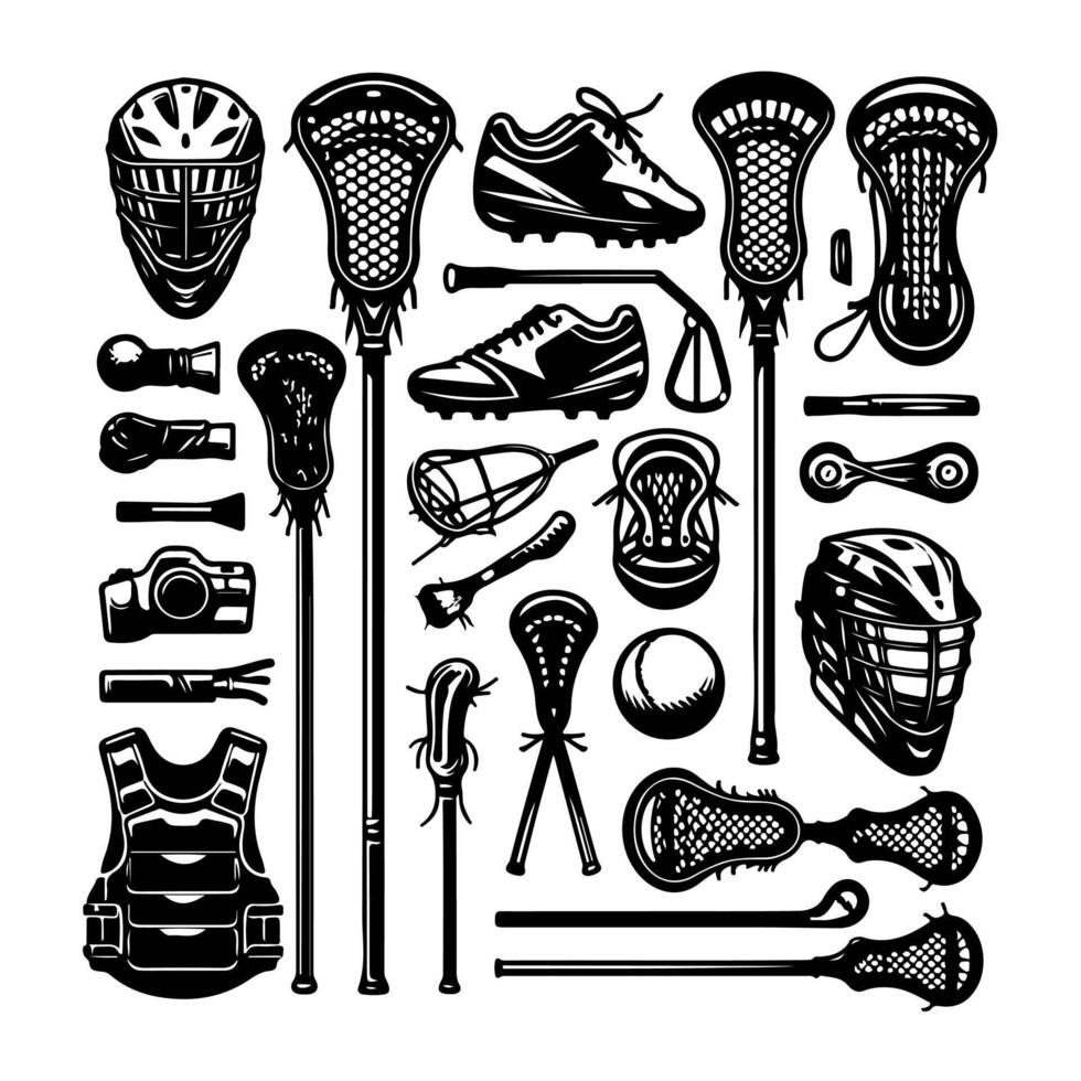 Set of lacrosse equipment set silhouette, lacrosse player, stick, sport illustration. vector