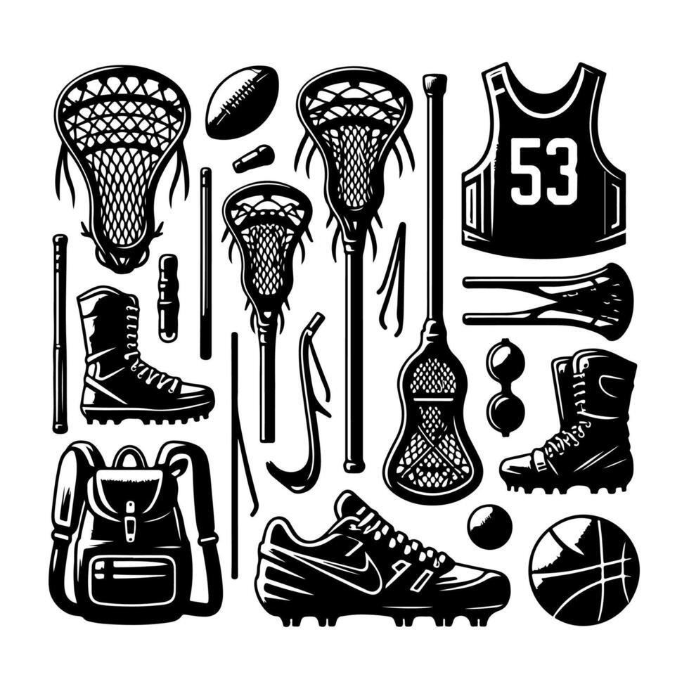 Set of lacrosse equipment set silhouette, lacrosse player, stick, sport illustration. vector