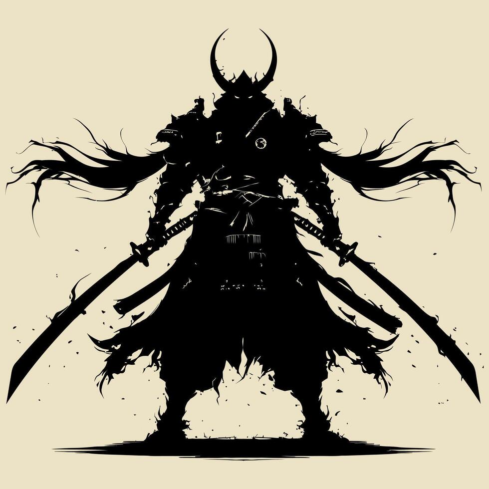 illustration of a samurai carrying a sed gun from medieval Japan on a grey background vector