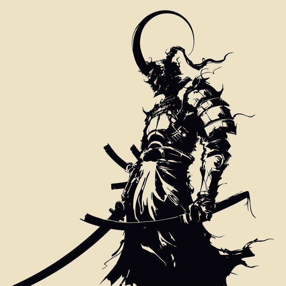 illustration of a samurai warrior from medieval Japan with a cream background vector