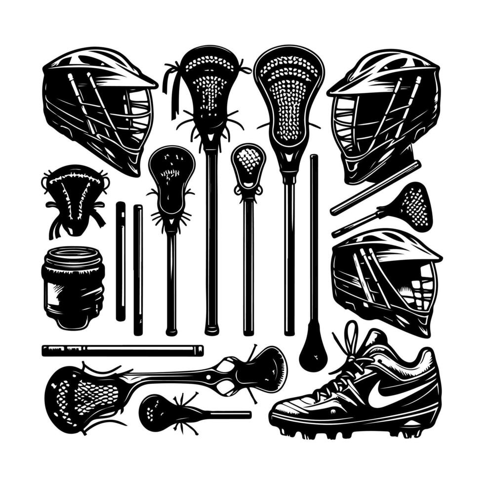 Set of lacrosse equipment set silhouette, lacrosse player, stick, sport illustration. vector