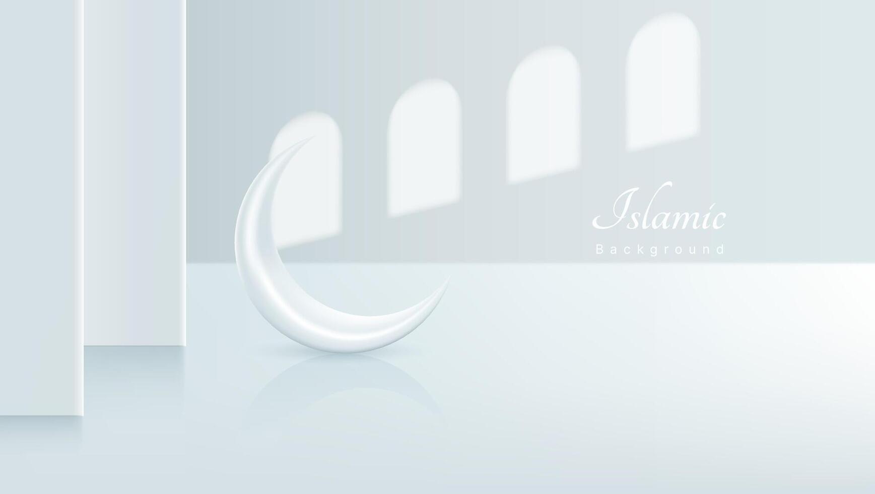 3d white islamic background. white crescent in the room with windows shadow overlay vector