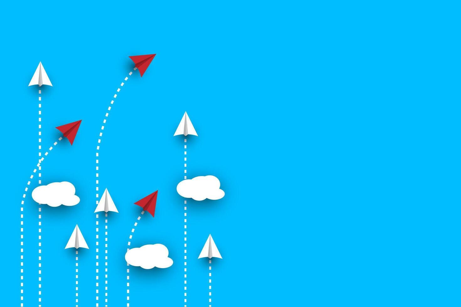 Group of white paper plane in one direction and one red paper plane pointing in different way on blue background. vector