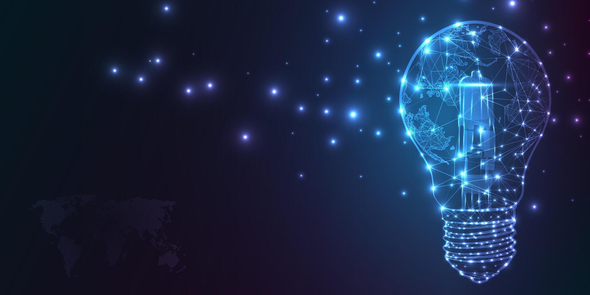 Cloud Computing. Electric and Global Network Connections Concept Design with Earth Globe Inside a Glowing Light Bulb. Transparent Geometric Mesh and World Map. vector